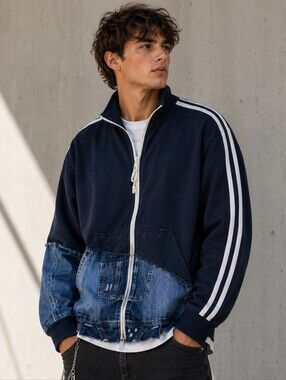 Greg Lauren Distressed Fleece Track Slim Lounge Denim Pant Jacket